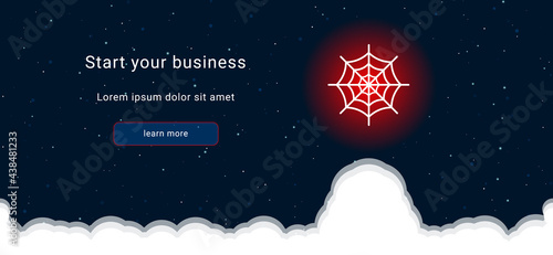 Business startup concept Landing page screen. The spider web symbol on the right is highlighted in bright red. Vector illustration on dark blue background with stars and curly clouds from below