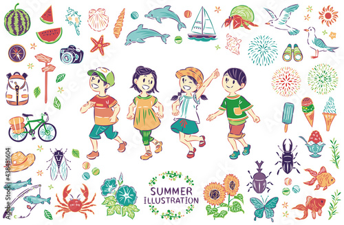 夏休みの子供たち　夏のイラスト素材セット
