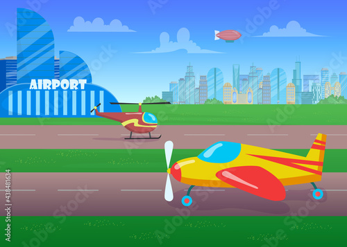 Aircrafts on runway flat vector illustration. Helicopters before taking off. Side view of runaway. City in background. Airport and air travel concept.