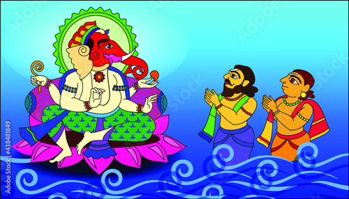 Phad is Indian folk art. The paintings made for storytelling, paintings narrated stories of local deities and rulers. This story is about Lord Ganesha, for textile printing, logo, wallpaper
