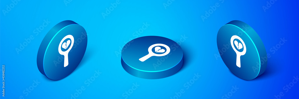 Isometric Broken heart or divorce icon isolated on blue background. Love symbol. Valentines day. Blue circle button. Vector Isometric Broken heart or divorce icon isolated on blue background. Love symbol. Valentines day. Blue circle button. Vector