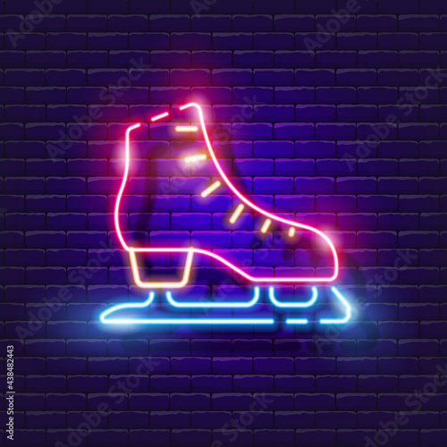 Skating neon icon. Winter active outdoor leisure ice skates. Skate rental sign. Winter sports concept. Sports figure skating.