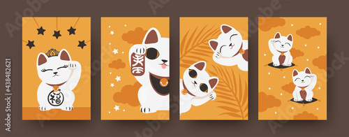 Colorful collection of art posters with Japanese cats. Bright set of maneki neko isolated on orange background. Cute souvenirs. Kittens waving paws. Souvenirs concept for banners, website design