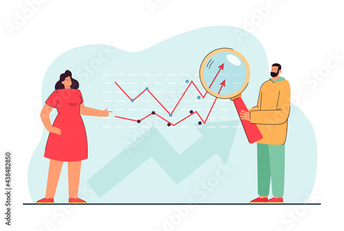 People examining sales or financial statistics. Analytic looking at growth curve through magnifier flat vector illustration. Data analysis, achievement concept for website design or landing web page