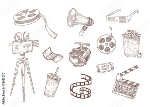 Cinema elements engraved illustrations set. Hand drawn sketch of popcorn, tape, camera, ticket, clapperboard isolated on white background. Entertainment, film festival, cinema, Hollywood concept