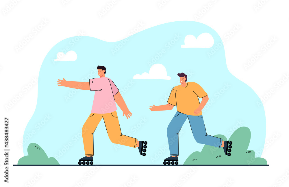 Male friends roller skating together flat vector illustration. Young people spending time outdoors. Activity, recreation, sport concept for banner, website design or landing web page Male friends roller skating together flat vector illustration. Young people spending time outdoors. Activity, recreation, sport concept for banner, website design or landing web page