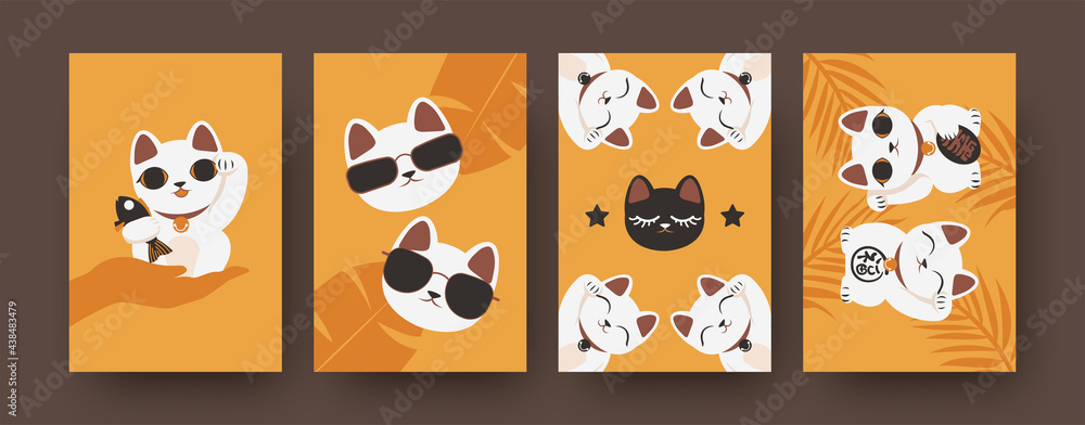 Collection of art posters with Japanese cats in bright colors. Colorful set of maneki neko isolated on orange background. Cute souvenirs. Cool kittens in sunglasses. Souvenirs concept for banners Collection of art posters with Japanese cats in bright colors. Colorful set of maneki neko isolated on orange background. Cute souvenirs. Cool kittens in sunglasses. Souvenirs concept for banners