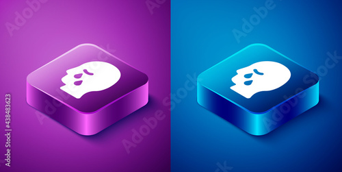 Isometric Man graves funeral sorrow icon isolated on blue and purple background. The emotion of grief, sadness, sorrow, death. Square button. Vector