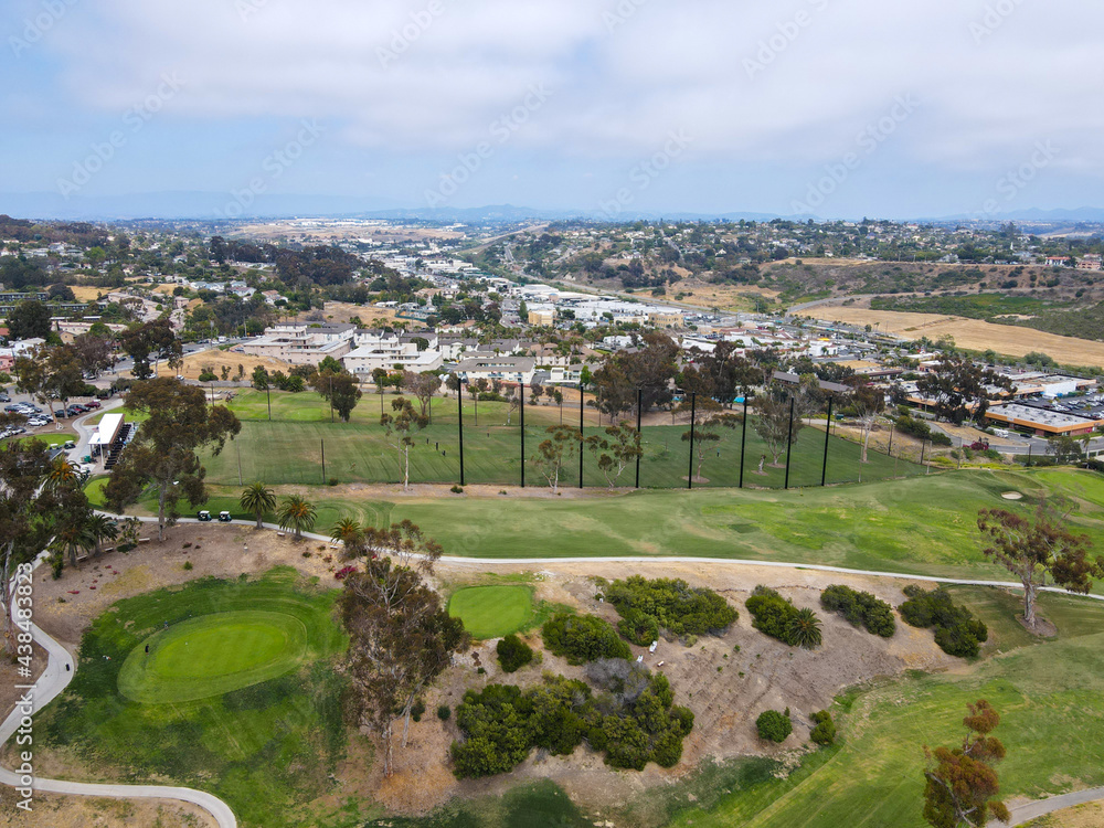 Aerial view of golf course surrounded by houses. Oceanside, California, USA 