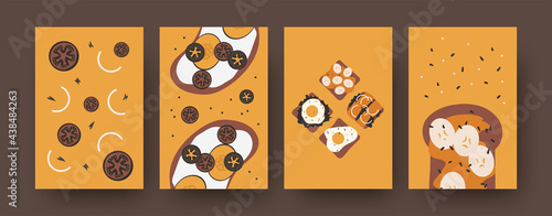 Bright collection of sandwiches illustrations. Colorful set of different toasts isolated on orange background. Banana, cheese, salmon, tomato, bread, egg. Food concept for banners, website design