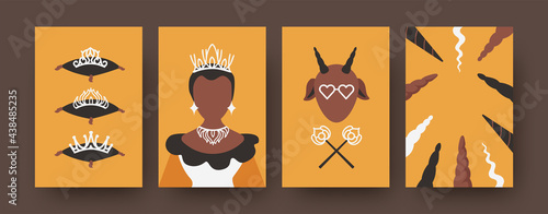 Modern collection of art posters with fairytale characters. Black princess with beautiful shiny crown and necklace. Creature with horns in sunglasses, magic wands. Folklore concept for banners