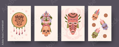 Colorful collection of posters with Maya elements. Colored skulls, coins, scary masks, ornamented tambourine. Tourism, ancient history, culture concept for banner designs