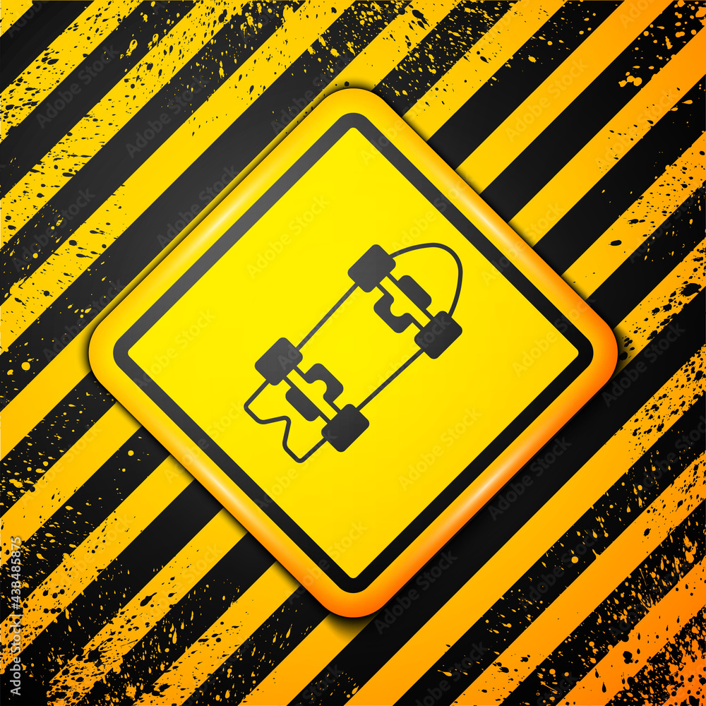 Black Longboard or skateboard cruiser icon isolated on yellow background. Extreme sport. Sport equipment. Warning sign. Vector Black Longboard or skateboard cruiser icon isolated on yellow background. Extreme sport. Sport equipment. Warning sign. Vector
