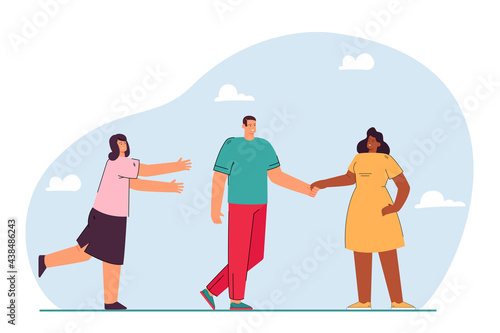 Boyfriend leaving for another girl flat vector illustration. Woman trying to save relationship. Love, betrayal, unfaithfulness, infidelity concept for banner, website design or landing web page