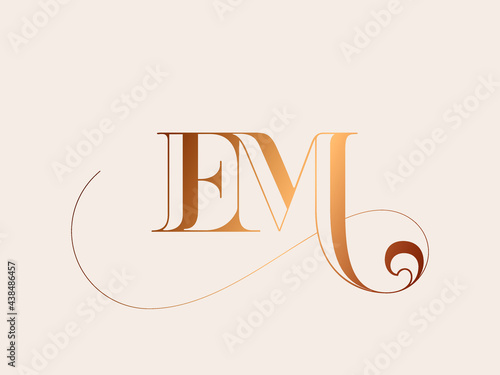 EM monogram logo.Typographic signature icon.Decorative swirl.Letter e and letter m.Lettering sign isolated on light fund.Wedding, fashion, beauty alphabet initials.Elegant, luxury style.Gold color.