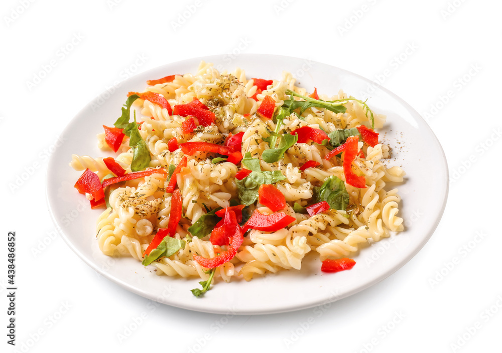 Plate with tasty pasta and bell pepper on white background Plate with tasty pasta and bell pepper on white background