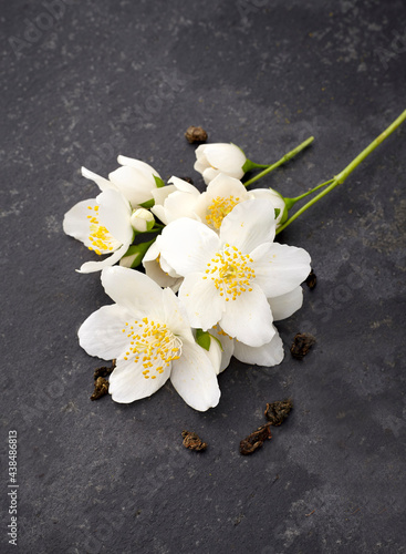 Fototapeta Naklejka Na Ścianę i Meble -  Jasmine flowers on a black background, Herbal medicine.