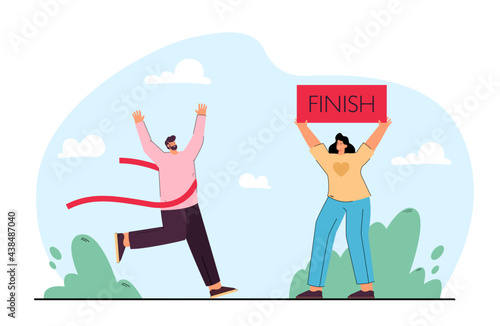 Girlfriend meeting boyfriend at finish line of race. Happy man winning competition flat vector illustration. Marathon, love, support concept for banner, website design or landing web page