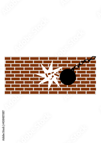 Wall of red bricks with a transparent hole in it made by wrecking ball