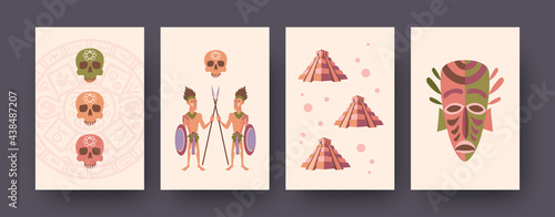 Ethnic illustrations set of Mayan culture elements in pastel style. Tribesmen crossing spears, ancient mask, pyramids, skulls. Cultural and historical concept for banner designs.