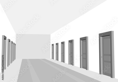 Hotel, clinic or hostel hall with black and white color. Corridor with doors in perspective view