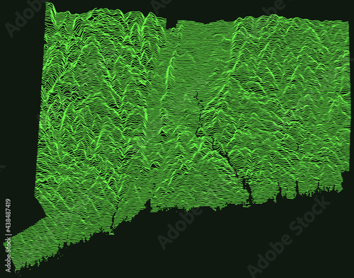 Topographic military radar tactical map of the Federal State of Connecticut, USA with emerald green contour lines on dark green background