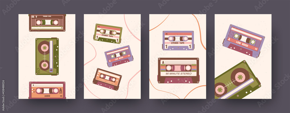 Set of contemporary art posters with audio tapes. Vector illustration ...