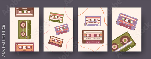 Set of contemporary art posters with audio tapes. Vector illustration. Collection of stereo cassettes with different compositions. Music, audio, vintage, sound concept for social media design