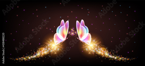 Flying delightful butterflies with sparkle and blazing trail flying in night sky among shiny glowing stars in cosmic space. Animal protection day concept.