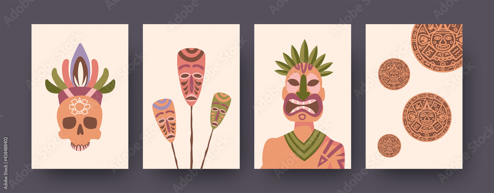Bright collection of contemporary art posters in ethic style. Indian man in scary mask with tattoos on body, Mayan coins and skull in crown of leaves. Culture, history, religion concept