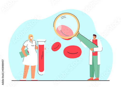 Medical workers with magnifier examining red blood cells. Female laboratory scientist holding flask with blood flat vector illustration. Blood analysis, research, study concept