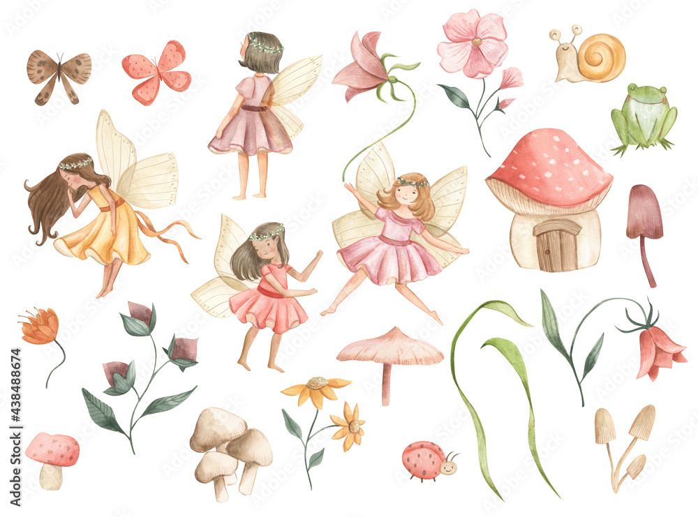   Fairy and Flowers watercolor illustration for girls  - obrazy, fototapety, plakaty 