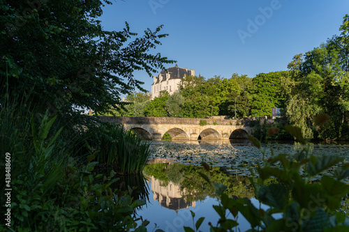 Castle Raoul and bridge with Reflection in Water, Chateauroux city, France