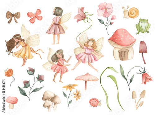 Stampa su tela Fairy and Flowers watercolor illustration for girls