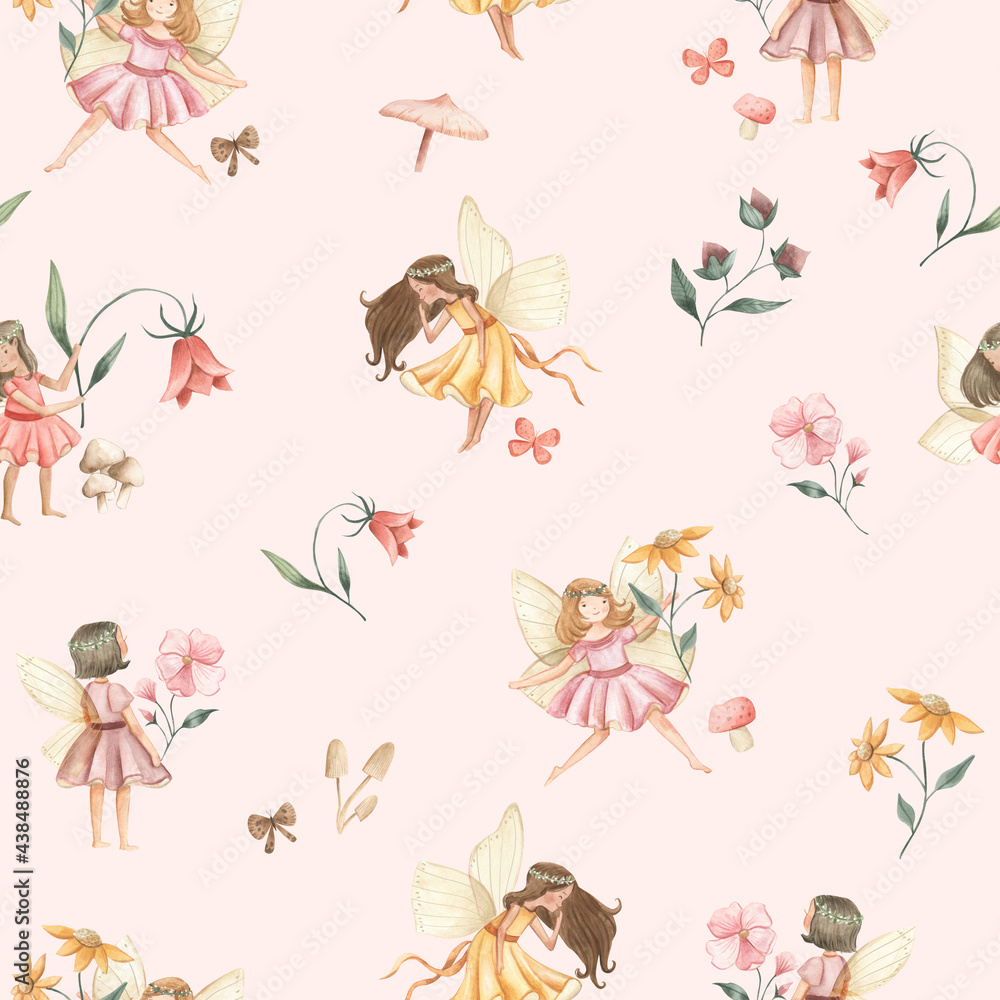 Fairy and Flowers watercolor seamless pattern illustration 