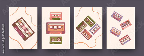 Set of contemporary art posters with super stereo tapes. Vector illustration. .Collection of stereo cassettes with different compositions. Music, audio, vintage, sound concept for social media design