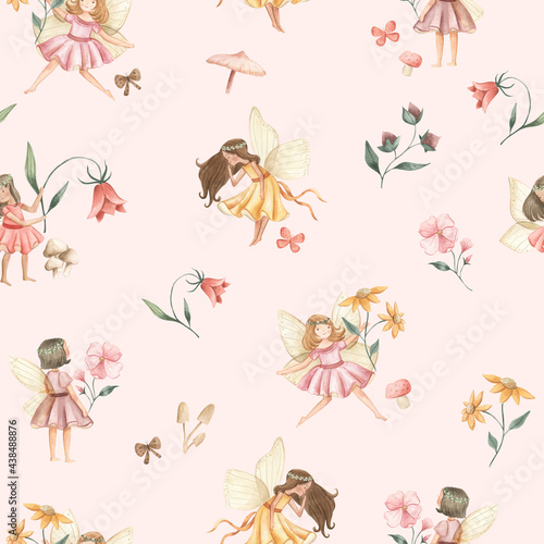 Fairy and Flowers watercolor seamless pattern illustration  © Bianca
