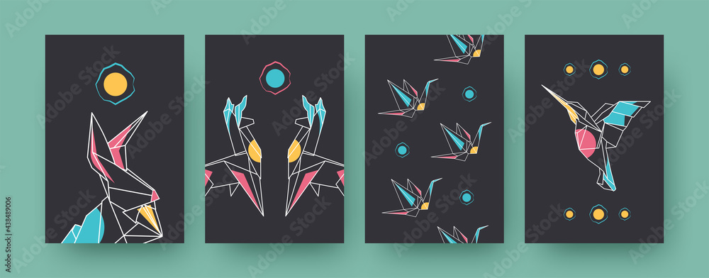 Fototapeta premium Set of contemporary art posters with llamas and cranes. Paper animals, hare, hummingbird pastel vector illustrations. Origami, hobby concept for designs, social media, postcards, invitation cards