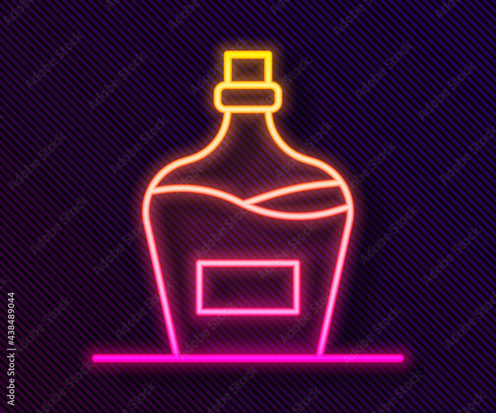 Glowing neon line Old bottle of wine icon isolated on black background. Bottle of homemade wine. Vector Glowing neon line Old bottle of wine icon isolated on black background. Bottle of homemade wine. Vector