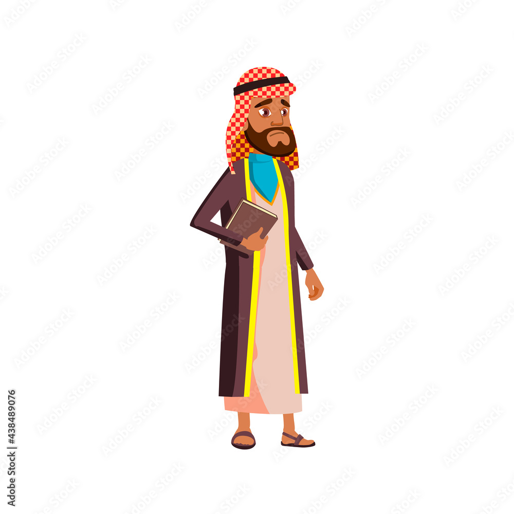 serious arabian man with book standing in bookstore line cartoon vector. serious arabian man with book standing in bookstore line character. isolated flat cartoon illustration