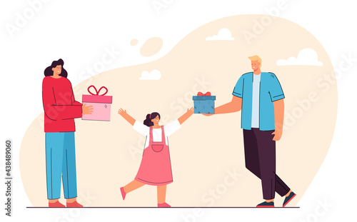 Parent giving presents to daughter. Mother and father offering colorful boxes to little girl. Child cheering. Gift, care, birthday concept for banner, website design or landing web page