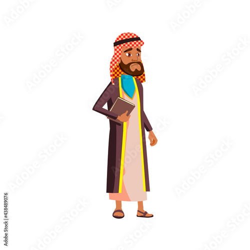 serious arabian man with book standing in bookstore line cartoon vector. serious arabian man with book standing in bookstore line character. isolated flat cartoon illustration