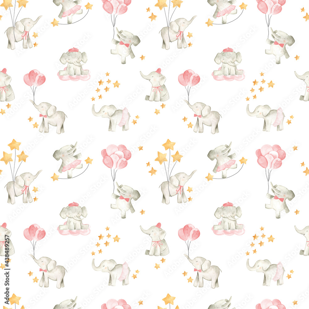 Obraz premium Baby elephant watercolor illustration nursery pattern for girls