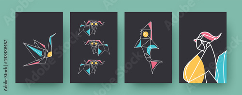Set of contemporary art posters with crane and rams. Paper animals, shark, rooster vector illustrations in pastel colors. Origami, hobby concept for designs, social media, postcards, invitation cards