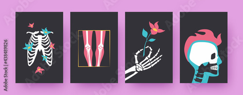 Set of contemporary posters with floral human skeleton parts. Ribcage, hand holding flower, skull vector illustrations, black background. Anatomy concept for designs, social media, postcards