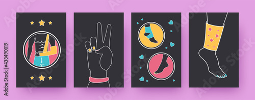 Set of contemporary art posters with injury treatments. Arm, leg and foot injuries vector illustrations, black background. Hipster, music concept for designs, social media, postcards, invitation cards