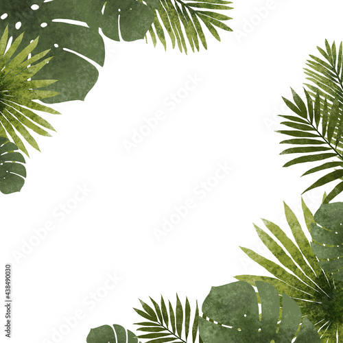 Hand drawn tropical frame and leaves of exotic plants. Tropical party invitation with palm leaves. Spring or summer flowers for invitation  wedding or greeting cards.