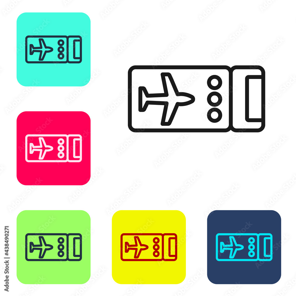 Black line Airline ticket icon isolated on white background. Plane ticket. Set icons in color square buttons. Vector Black line Airline ticket icon isolated on white background. Plane ticket. Set icons in color square buttons. Vector