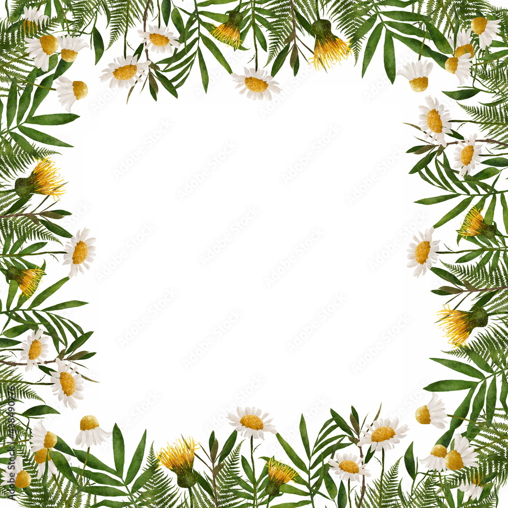 Hand drawn floral frame with dandelions, daisies and green leaves. Spring or summer flowers for invitation, wedding or greeting cards. Floral ard template.