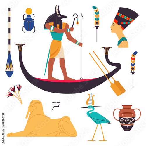 Egypt Symbols and Attributes with Nefertiti Bust, Anubis on Boat and Androsphinx Vector Set